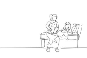 One continuous line drawing of young mom siting on bed room and reading story book to her daughter before sleeping. Happy family parenthood concept. Dynamic single line draw design vector illustration