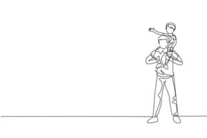 One continuous line drawing of young dad playing and carrying his cheerful son on his shoulder at home. Happy family parenthood concept. Dynamic single line draw design graphic vector illustration