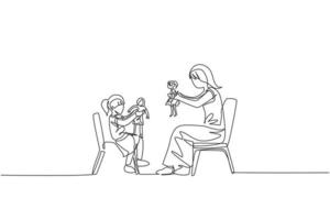 One single line drawing of young mom and her daughter siting on chair and playing princess doll together at home vector illustration. Happy family bonding concept. Modern continuous line draw design
