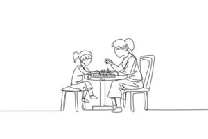 One single line drawing of young mom and her son siting on chair and playing chess game together at home vector illustration. Happy family bonding concept. Modern continuous line draw design graphic