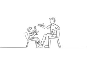 One single line drawing young dad and his son sitting on chair and playing airplane toy together at home vector graphic illustration. Happy family bonding concept. Modern continuous line draw design