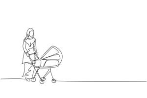 One continuous line drawing of young Arabian mother pushing baby trolley at outdoor park. Islamic Muslim happy loving family parenting concept. Dynamic single line draw design vector illustration