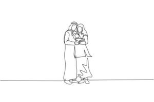 One continuous line drawing of young Islamic dad and mom standing and hugging their sleepy baby. Arabian Muslim happy family parenting concept. Dynamic single line draw design vector illustration