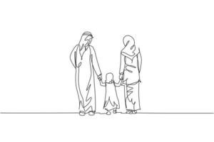 Single continuous line drawing of young Islamic mom and dad walk while hold their daughter girl's hand together. Arabian Muslim happy family parenting concept. One line draw design vector illustration