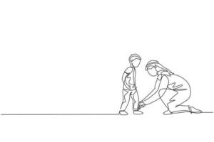 One continuous line drawing of young Arabian dad help his son to tie shoelaces before go to school. Happy Islamic muslim loving parenting family concept. Single line draw design vector illustration