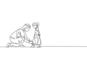 Single continuous line drawing of young Islamic father help his daughter to tie shoelaces before go to school, happy parenting. Arabian family care concept. One line draw design vector illustration