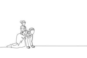 One continuous line drawing of young Arabian daughter play and ride on her dad's back at home. Happy Islamic muslim loving parenting family concept. Dynamic single line draw design vector illustration