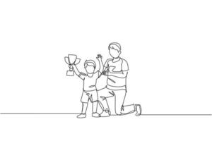 One continuous line drawing young dad congratulate his son who win first place trophy at study competition. Happy family parenthood concept. Dynamic single line draw graphic design vector illustration