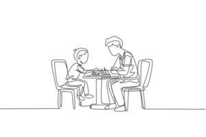 One continuous line drawing young dad and his son siting on chair and playing chess game together at home. Happy family parenthood concept. Dynamic single line draw design vector illustration graphic