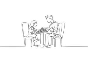 Single continuous line drawing of young father siting on chair think seriously playing chess against his daughter at home. Happy family parenthood concept. One line draw design vector illustration