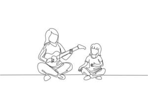 Single continuous line drawing of young mother playing guitar and happy singing together with her daughter at home. Happy family parenthood concept. Trendy one line draw design vector illustration