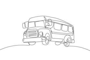 Single one line drawing of old classic school bus for elementary school student. Back to school minimalist, education concept. Continuous simple line draw style design graphic vector illustration