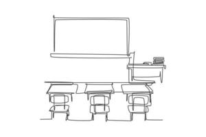 Continuous one line drawing interior design at school classroom with white board. Back to school hand drawn minimalism concept. Single line draw design for education vector graphic illustration