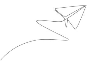 Single continuous line drawing of flying paper airplane on the sky. Back to school minimalist style. Children toy concept. Modern one line draw graphic design vector illustration