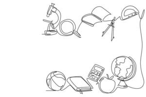 Single continuous line drawing of equipment school set such as book, globe, magnifier. Back to school minimalist style. Education concept. Modern one line draw graphic design vector illustration