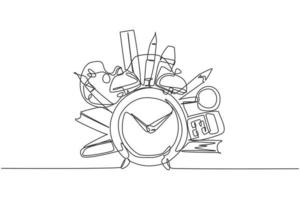 Single one line drawing of school tools set, alarm clock, book, pen, pencil, ruler. Back to school minimalist, education concept. Continuous simple line draw style design graphic vector illustration