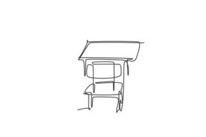 Single continuous line drawing of wooden school chair and table set. Back to school minimalist style. Education concept. Modern one line draw graphic design vector illustration