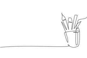 dibujo de una sola línea de lápiz, bolígrafo, crayón y regla dentro de una taza de porcelana. regreso a la escuela, concepto de educación minimalista. Ilustración de vector gráfico de diseño de estilo de dibujo de línea simple continua