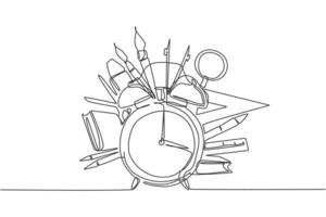 Continuous one line drawing of alarm clock with book, magnifier, triangle ruler, pen. Back to school hand drawn minimalism concept. Single line draw design for education vector graphic illustration