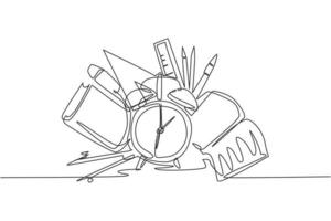 dibujo de línea continua única de reloj despertador con libro, lápiz, bolígrafo, regla, juego de brújula. regreso a la escuela estilo minimalista. concepto de educación. Ilustración de vector de diseño gráfico de dibujo de una línea moderna