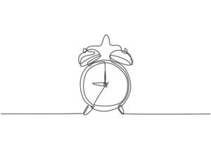 Single continuous line drawing of retro classic metal alarm clock with ring bell. Loud ringing alarm timer for waking up reminder concept. Modern one line draw design graphic vector illustration