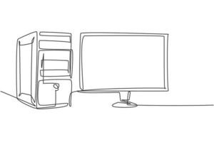 dibujo de línea continua única de unidad de computadora cpu y monitor de pantalla para empresa. concepto de equipo electrónico de pequeñas empresas desde casa. Ilustración de vector gráfico de diseño de dibujo de una línea moderna