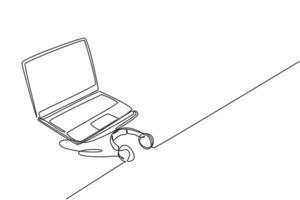 un dibujo de línea continua de una computadora portátil y un auricular encima de la mesa. concepto de herramientas de equipos de oficina de pequeñas empresas de electricidad. Ilustración gráfica de vector de diseño de dibujo de línea única de moda