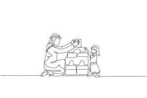 One single line drawing of young Islamic dad playing block foam puzzle house with his daughter at home vector illustration. Happy Arabian family parenting concept. Modern continuous line draw design