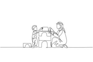 One single line drawing of young Arabian father playing block foam puzzle brick house with son at home vector illustration. Happy Islamic muslim family parenting concept. Continuous line draw design