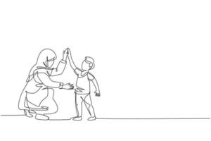 One single line drawing of young Arabian mom giving high five gesture to her son boy before go to school vector illustration. Happy Islamic muslim family parenting concept. Continuous line draw design