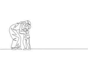 Single continuous line drawing of young Arabian father hug his son before go to school, happy parenting. Islamic muslim family care, hood concept. Trendy one line draw design vector illustration