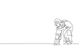 One continuous line drawing of young Islamic mother hug her son before go to school. Happy Arabian muslim loving parenting family concept. Dynamic single line draw design vector illustration