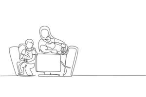 One continuous line drawing of young Islamic mother play console game with her son together at home. Happy Arabian muslim parenting family concept. Dynamic single line draw design vector illustration