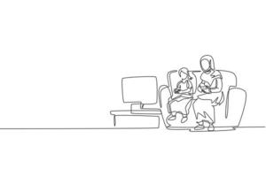 Single continuous line drawing of young Islamic mom playing video game together with her daughter on sofa. Arabian muslim happy family motherhood concept. One line draw design vector illustration