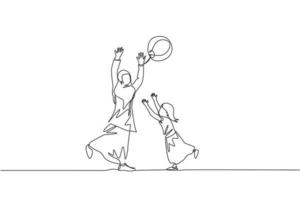 One single line drawing of young Arabian mother and daughter playing beach ball together at park vector illustration. Happy Islamic muslim family parenting concept. Modern continuous line draw design