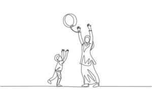 One single line drawing of young Arabian mother playing with her son ball throwing together vector illustration. Happy Islamic muslim family parenting concept. Modern continuous line draw design