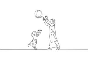 Un solo dibujo de línea continua de un joven padre árabe jugando y lanzando una pelota de playa a su hija en el parque. concepto de paternidad de familia feliz musulmana islámica. Ilustración de vector de diseño de dibujo de una línea de moda