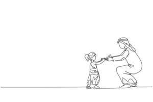 Single continuous line drawing of young Arabian dad teach how to walk to his daughter toddler at home. Islamic muslim happy family fatherhood concept. Trendy one line draw design vector illustration