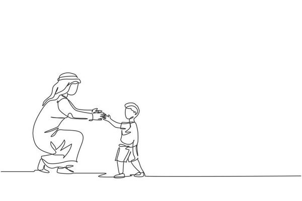 One single line drawing of young Islamic father giving food to his ...