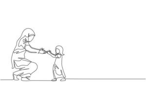One continuous line drawing of young Islamic toddler daughter learn to walk while mom ready to catch. Happy Arabian muslim parenting family concept. Dynamic single line draw design vector illustration