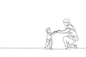 One single line drawing of young Islamic toddler boy learn to walk to mother and ready to catch vector illustration. Happy Arabian muslim family parenting concept. Modern continuous line draw design