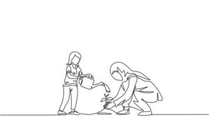 One single line drawing of young Islamic daughter help her mom watering planted plant on ground vector illustration. Happy Arabian muslim family parenting concept. Modern continuous line draw design