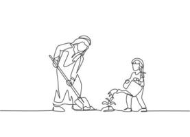 One continuous line drawing of young Islamic daughter help her father plant a seed at house backyard. Happy Arabian muslim parenting family concept. Dynamic single line draw design vector illustration