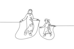 One continuous line drawing of young Islamic dad and daughter play jumping rope and skipping at park. Happy Arabian muslim parenting family concept. Dynamic single line draw design vector illustration