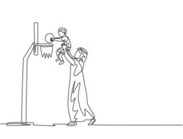 Single continuous line drawing of young Islamic father lifting his son up to reach basketball hoop. Arabian muslim happy family fatherhood concept. Trendy one line draw design vector illustration