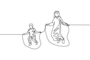 One single line drawing of young Islamic father and son play skipping rope together at outdoor park vector illustration. Arabian muslim family parenting concept. Modern continuous line draw design