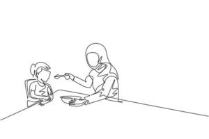 Single continuous line drawing of young Islamic mom feeding healthy food to daughter at breakfast time. Arabian muslim happy family motherhood concept. Trendy one line draw design vector illustration