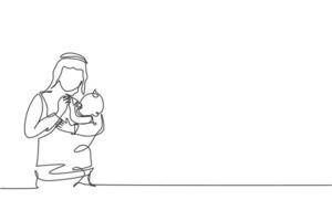 Single continuous line drawing of young Islamic father hugging and feeding his newborn baby at home. Arabian muslim happy family fatherhood concept. Trendy one line draw design vector illustration