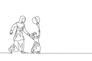 One single line drawing of young Islamic mom and daughter play and take a walk together at public park vector illustration. Happy Arabian muslim family parenting concept. Continuous line draw design