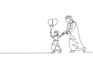 One single line drawing of young Islamic dad holding daughter's hand who hold balloon at park vector illustration. Happy Arabian muslim family parenting concept. Modern continuous line draw design